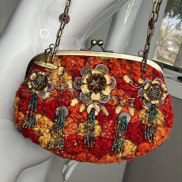 Mary Frances Wool Appliqué Beaded Double Chain Handles Kisslock Bag - New - Picture 4 of 12